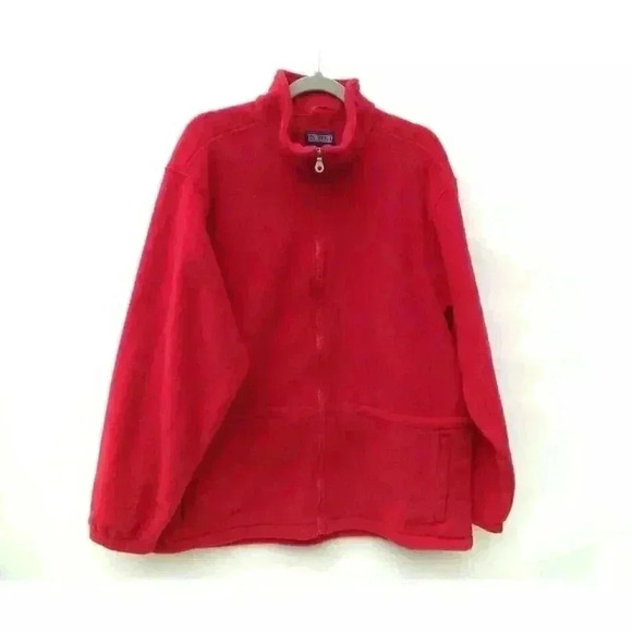 Lands End Mens Fleece Jacket Red Full Zip Front Pockets Mock Neck L 42-44 - Picture 1 of 9